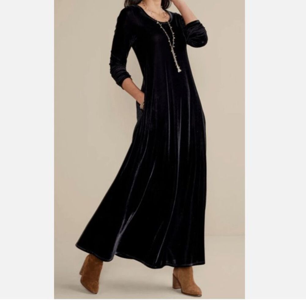 Soft Surroundings Santiago Stretch Velvet Maxi Dress Black XS NEW